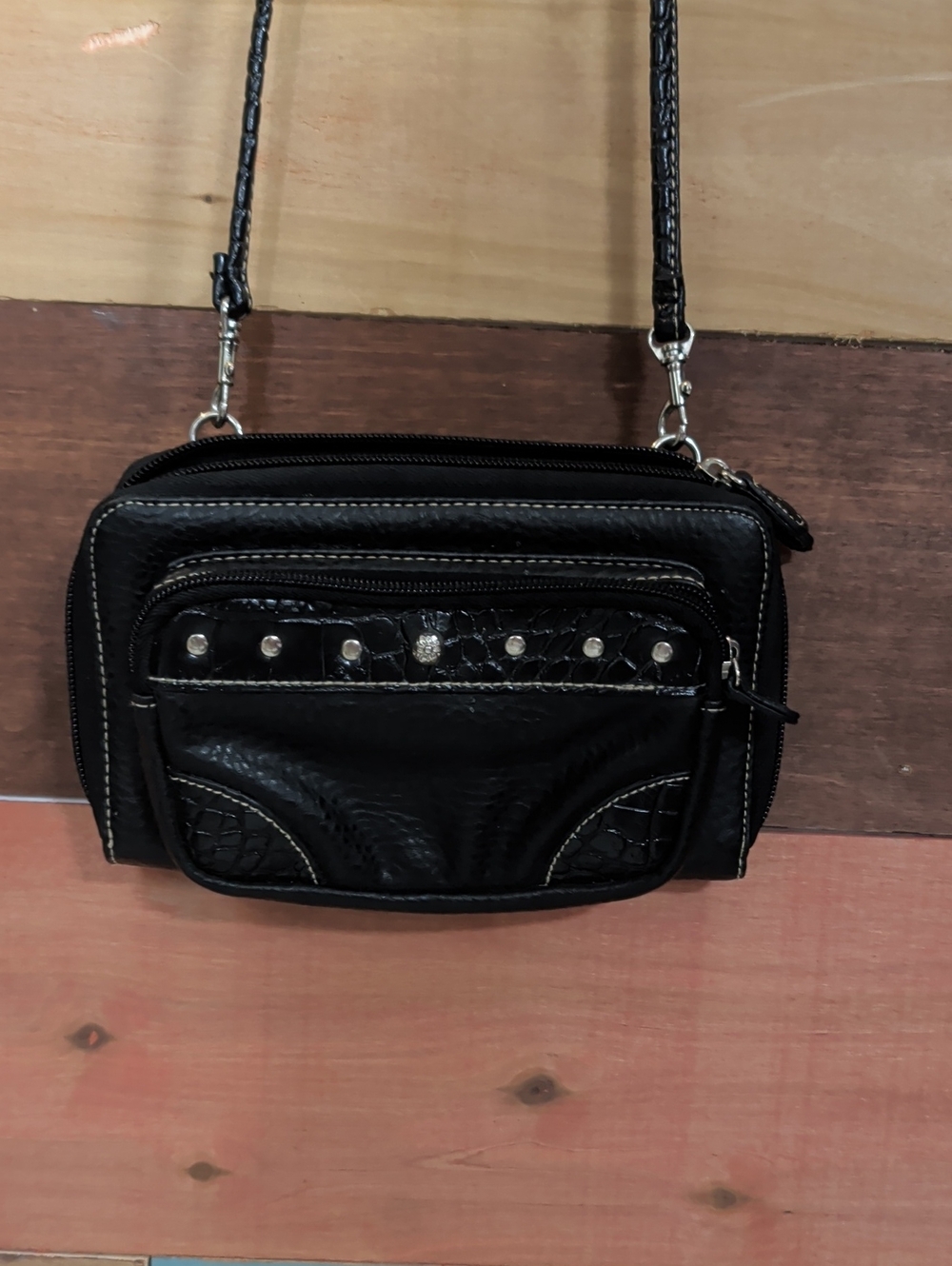 Black Studded Crossbody Bag with Front Zip Pocket
